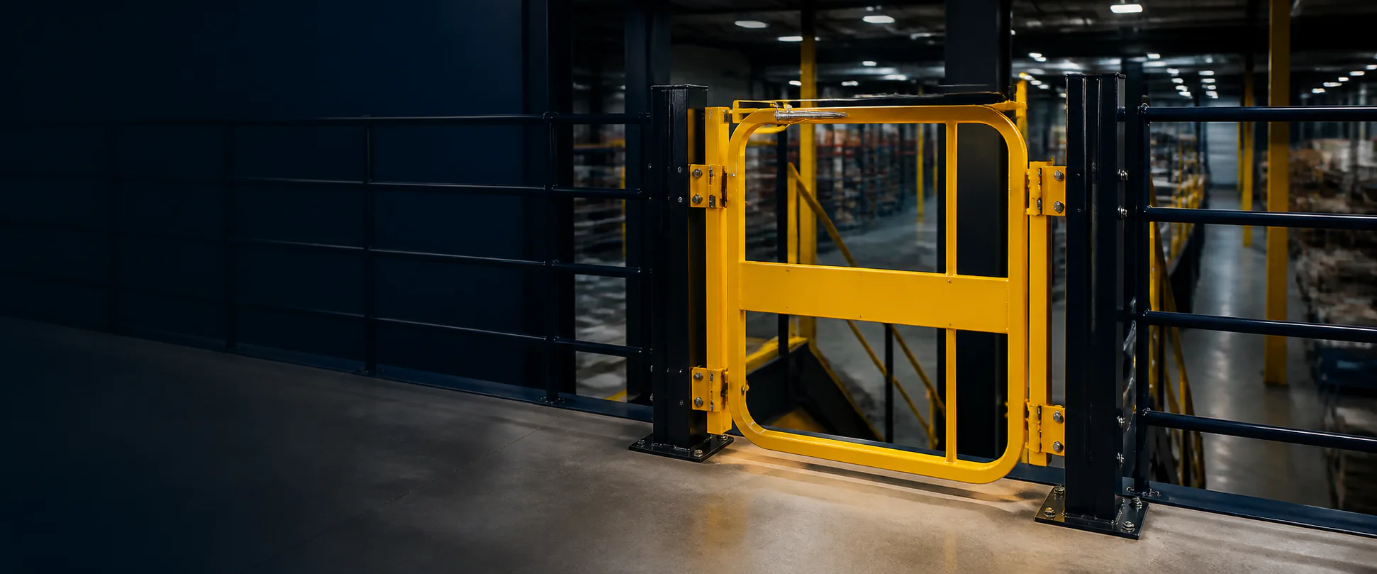 Representative safety-yellow industrial access gate in a guarded mezzanine opening